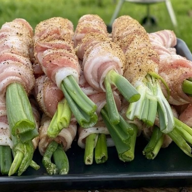 Rusti e mangia: cipollotti avvolti nella pancetta di suino, in teglia